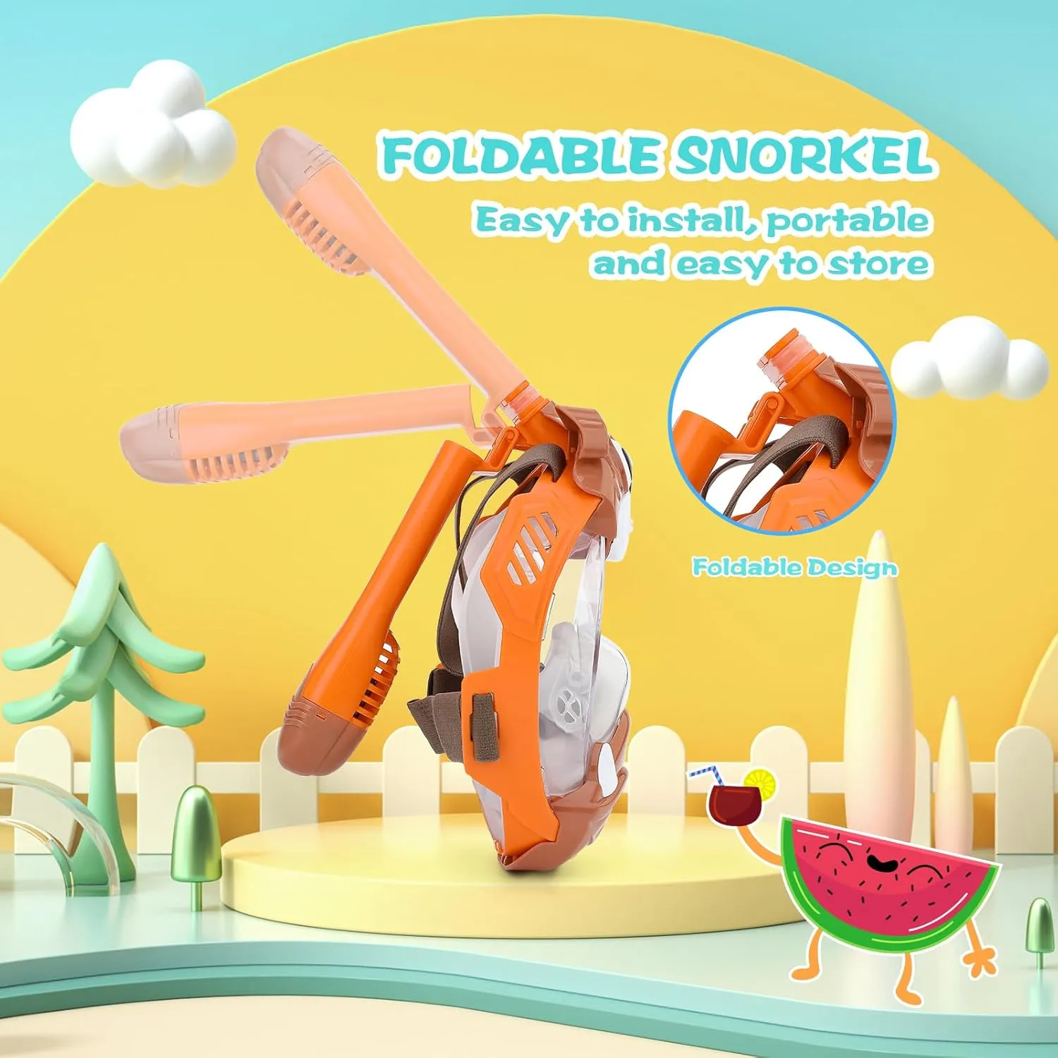Kids Full Face Snorkel Mask, Snorkeling Gear for Kid, 180° Panoramic View Snorkeling Mask with Adjustable Elastic Fabric Straps - Anti-Fog & Anti-Leak - Portable Mesh Bag