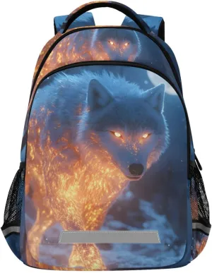Kids School Backpack-Flaming Wolf Starry Night for Boys Girls Ages 6-12, Lightweight Bookbag with Padded Straps Reflective Stripes Daypack for Travel Hiking Study