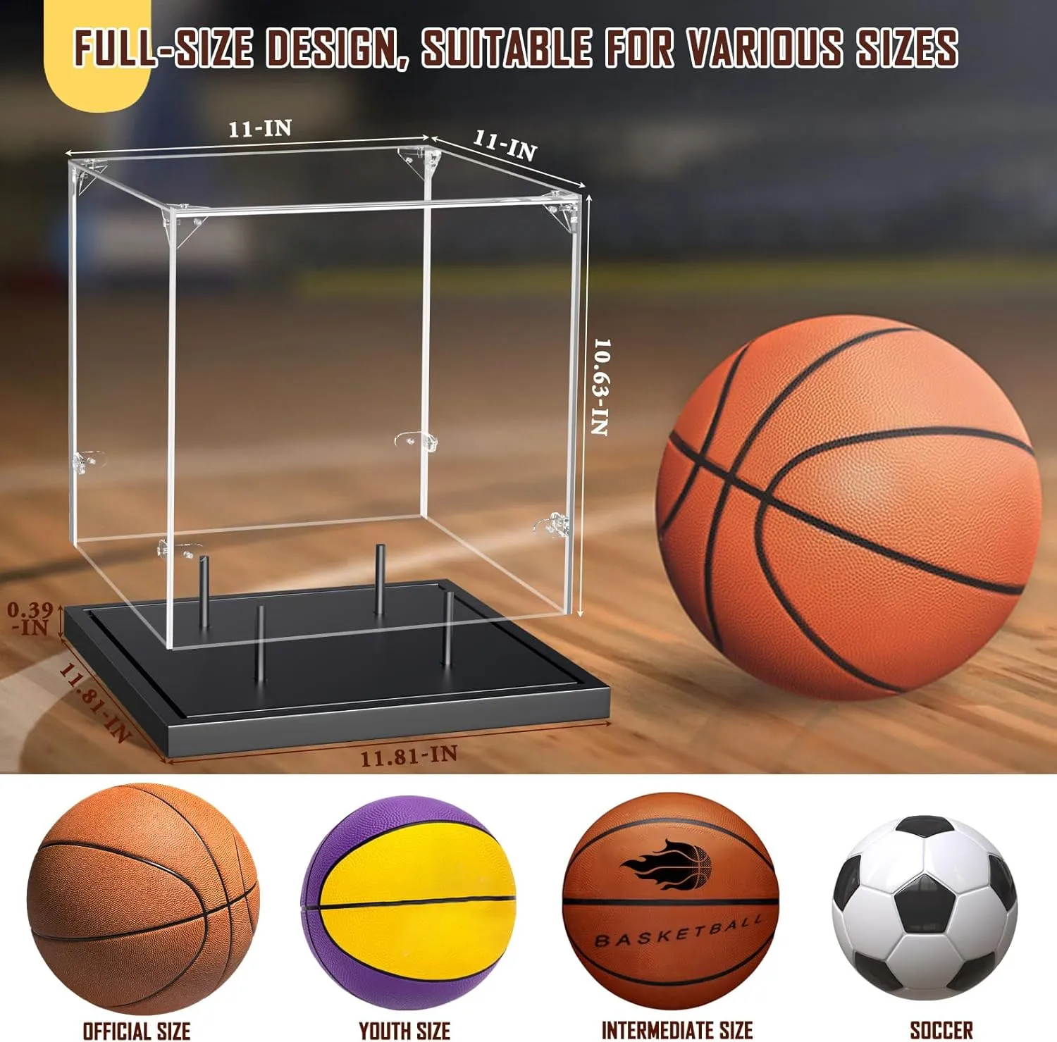 KKU Basketball Display Case, Acrylic Clear Full Size Basketball Case with Solid Wood Base,UV Protected Basketball Display Stand for Autographed Standard NBA WNBA Ball Memorabilia Keepsake, Black
