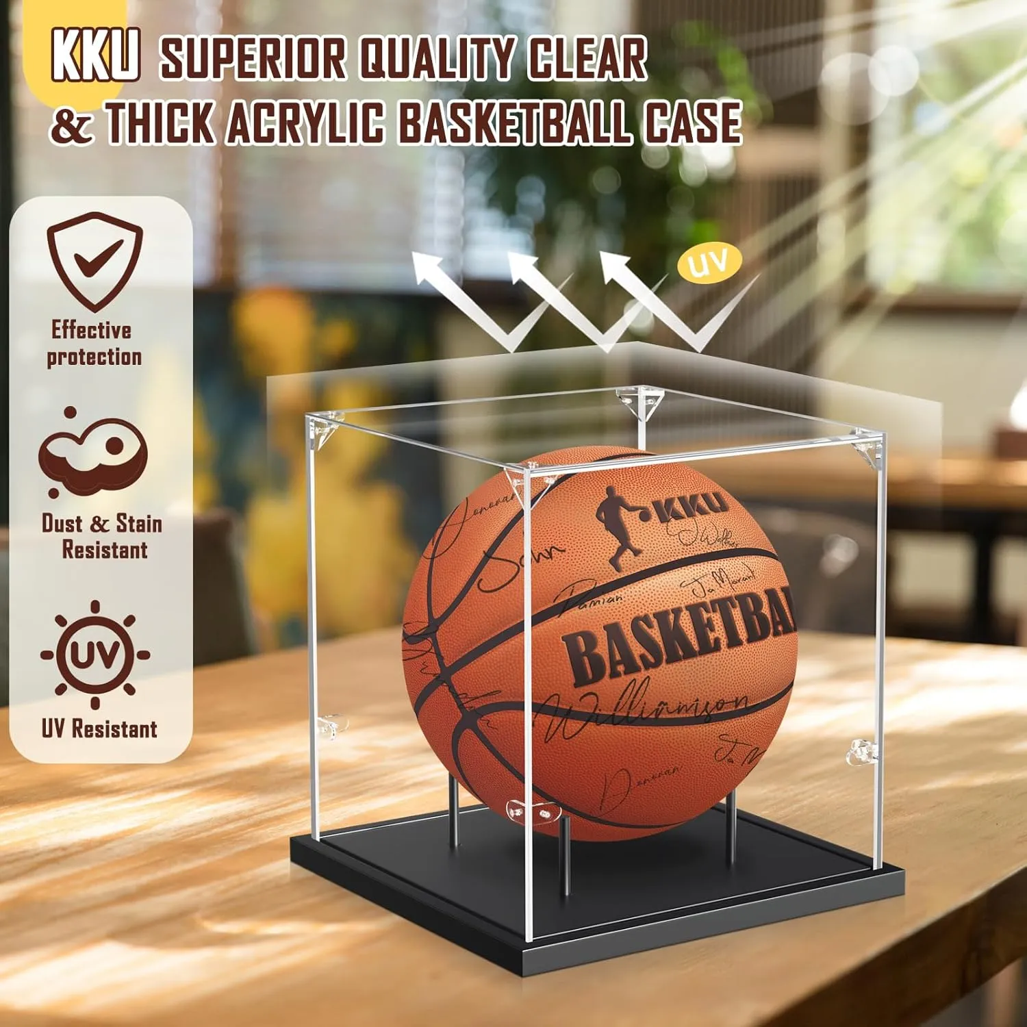KKU Basketball Display Case, Acrylic Clear Full Size Basketball Case with Solid Wood Base,UV Protected Basketball Display Stand for Autographed Standard NBA WNBA Ball Memorabilia Keepsake, Black