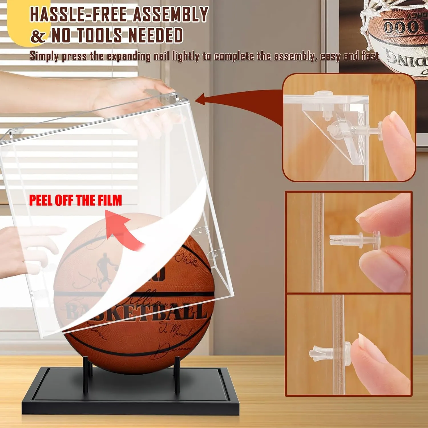 KKU Basketball Display Case, Acrylic Clear Full Size Basketball Case with Solid Wood Base,UV Protected Basketball Display Stand for Autographed Standard NBA WNBA Ball Memorabilia Keepsake, Black