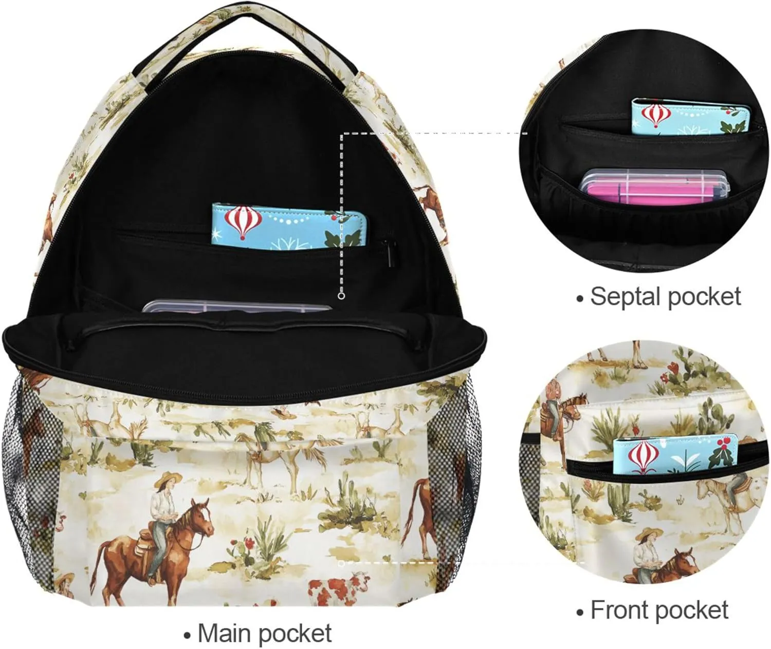 KLL School Backpack for Women Men Fashion Sports Backpack with Chest Strap for Travel Trip Western Cowboy Cow Cowgirl Vast Wilderness