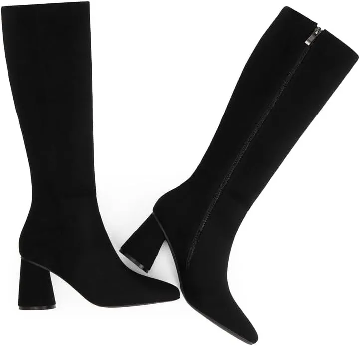 Knee High Boots Women Faux Leather Chunky Heel Round Toe Side Zipper Fall Long Tall Boots for Women