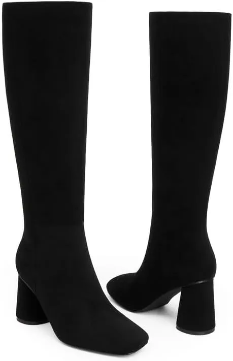 Knee High Boots Women Faux Leather Chunky Heel Round Toe Side Zipper Fall Long Tall Boots for Women