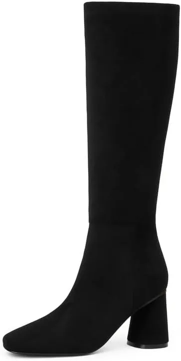 Knee High Boots Women Faux Leather Chunky Heel Round Toe Side Zipper Fall Long Tall Boots for Women
