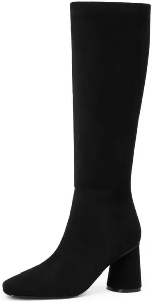 Knee High Boots Women Faux Leather Chunky Heel Round Toe Side Zipper Fall Long Tall Boots for Women