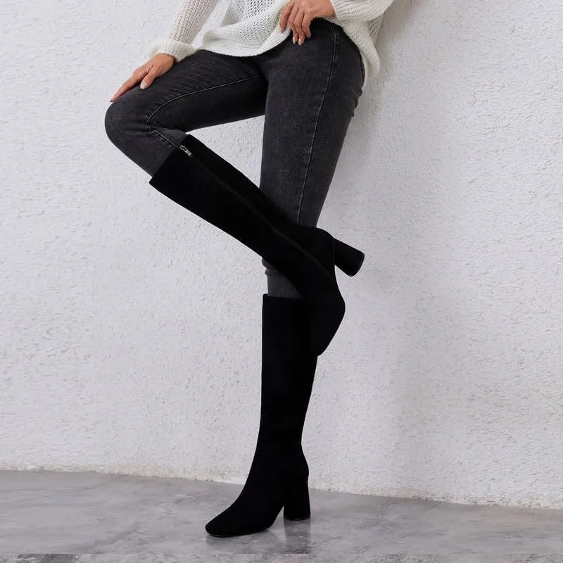 Knee High Boots Women Faux Leather Chunky Heel Round Toe Side Zipper Fall Long Tall Boots for Women