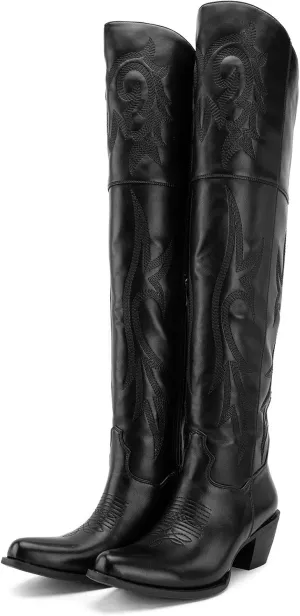 Knee High Tall Cowboy Boots Women Vintage Embroidered Pointed Platform Over the Knee Cowgirl Boots Faux Suede Western Boots