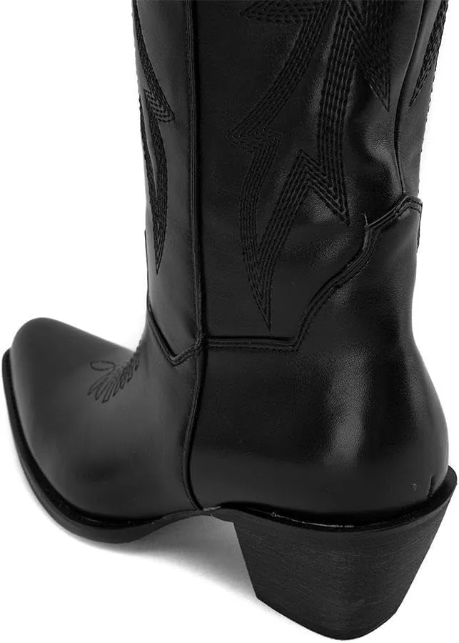 Knee High Tall Cowboy Boots Women Vintage Embroidered Pointed Platform Over the Knee Cowgirl Boots Faux Suede Western Boots
