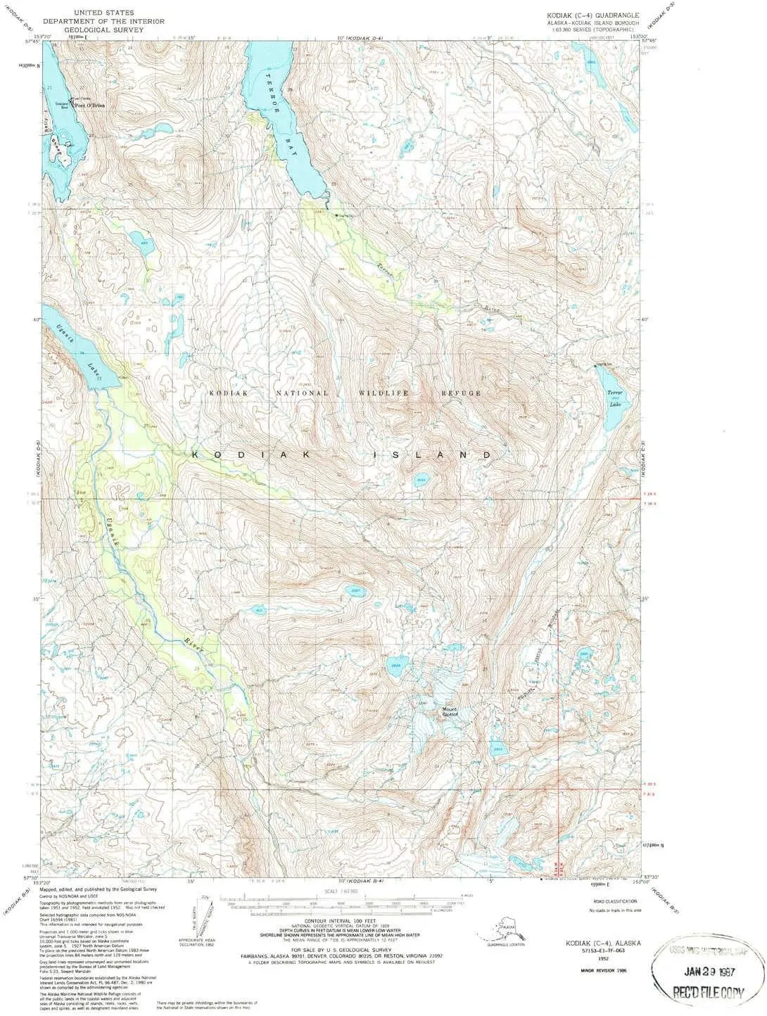 Kodiak C 4 AK topo map, 1:63360 Scale, 15 X 15 Minute, Historical, 1952, Updated 1987, 21.8 x 18.1 in