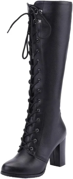 KOKOMOMO Womens Chunky Knee High Heel Lace Up Combat Boots