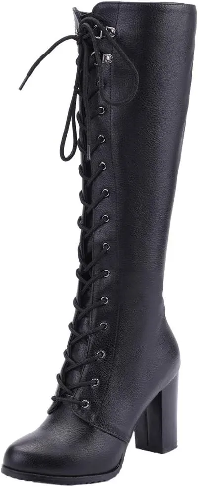 KOKOMOMO Womens Chunky Knee High Heel Lace Up Combat Boots