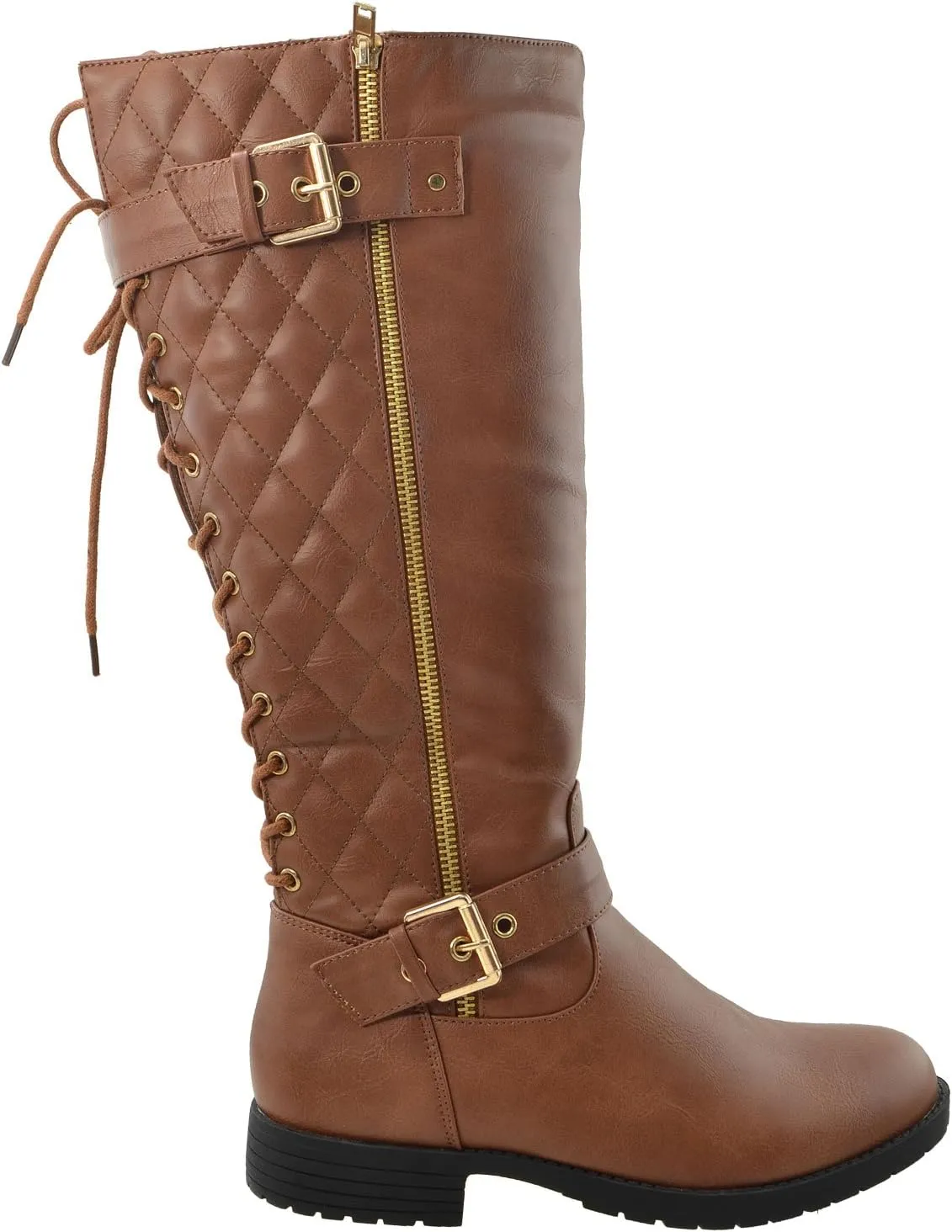 KS & CO Womens Knee High Boots Quilted Back Lace Up Adjustable Strap Shoes
