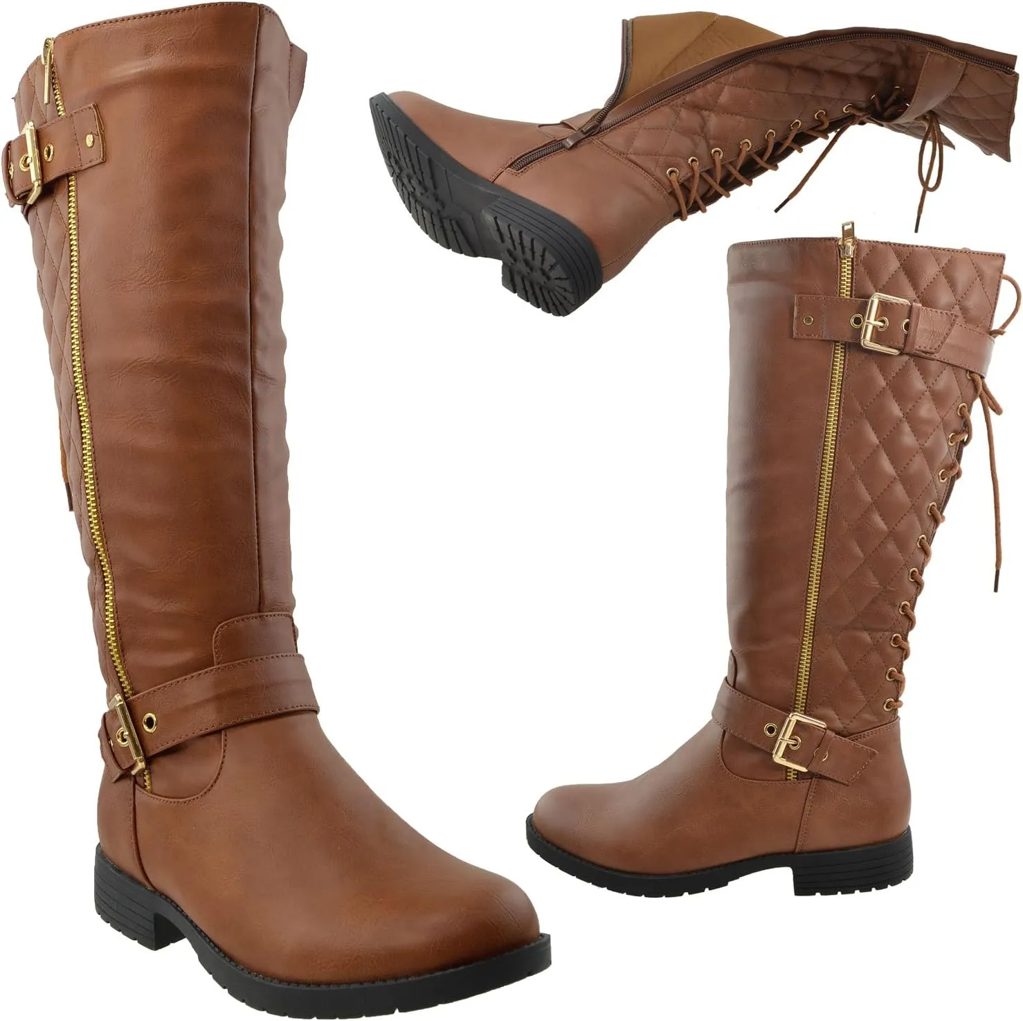 KS & CO Womens Knee High Boots Quilted Back Lace Up Adjustable Strap Shoes