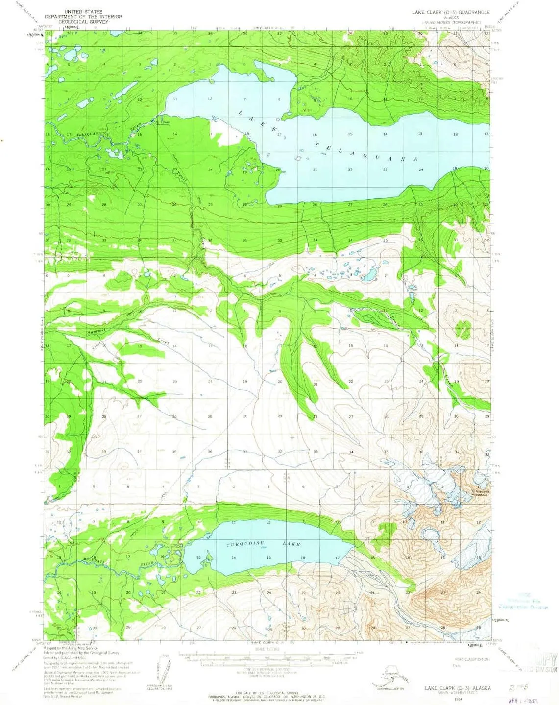 Lake Clark D 3 AK topo map, 1:63360 Scale, 15 X 15 Minute, Historical, 1954, Updated 1965, 20.9 x 17 in
