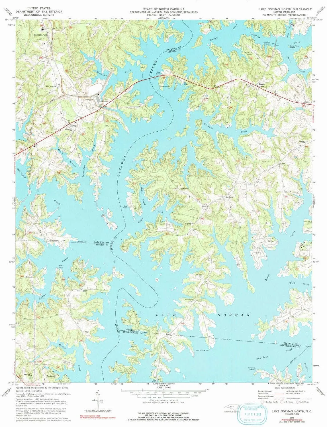 Lake Norman North NC topo map, 1:24000 Scale, 7.5 X 7.5 Minute, Historical, 1970, Updated 1992, 26.8 x 21.8 in
