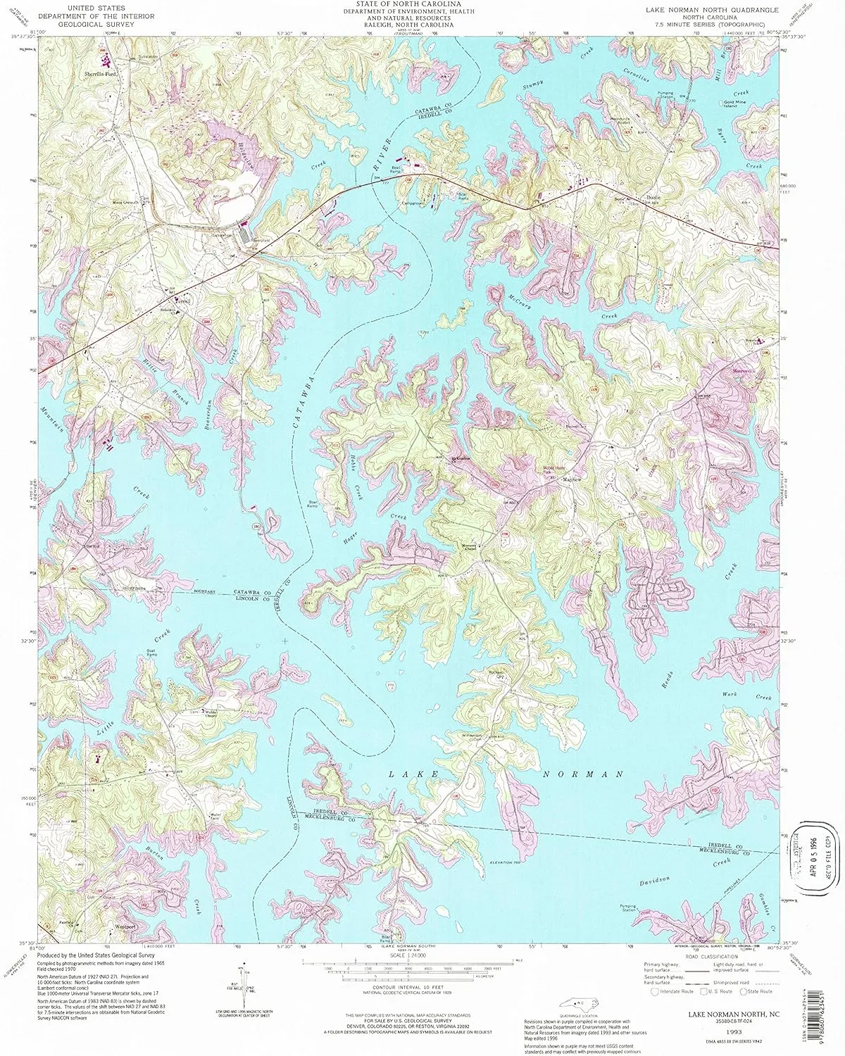 Lake Norman North NC topo map, 1:24000 Scale, 7.5 X 7.5 Minute, Historical, 1993, Updated 1996, 26.7 x 21.8 in
