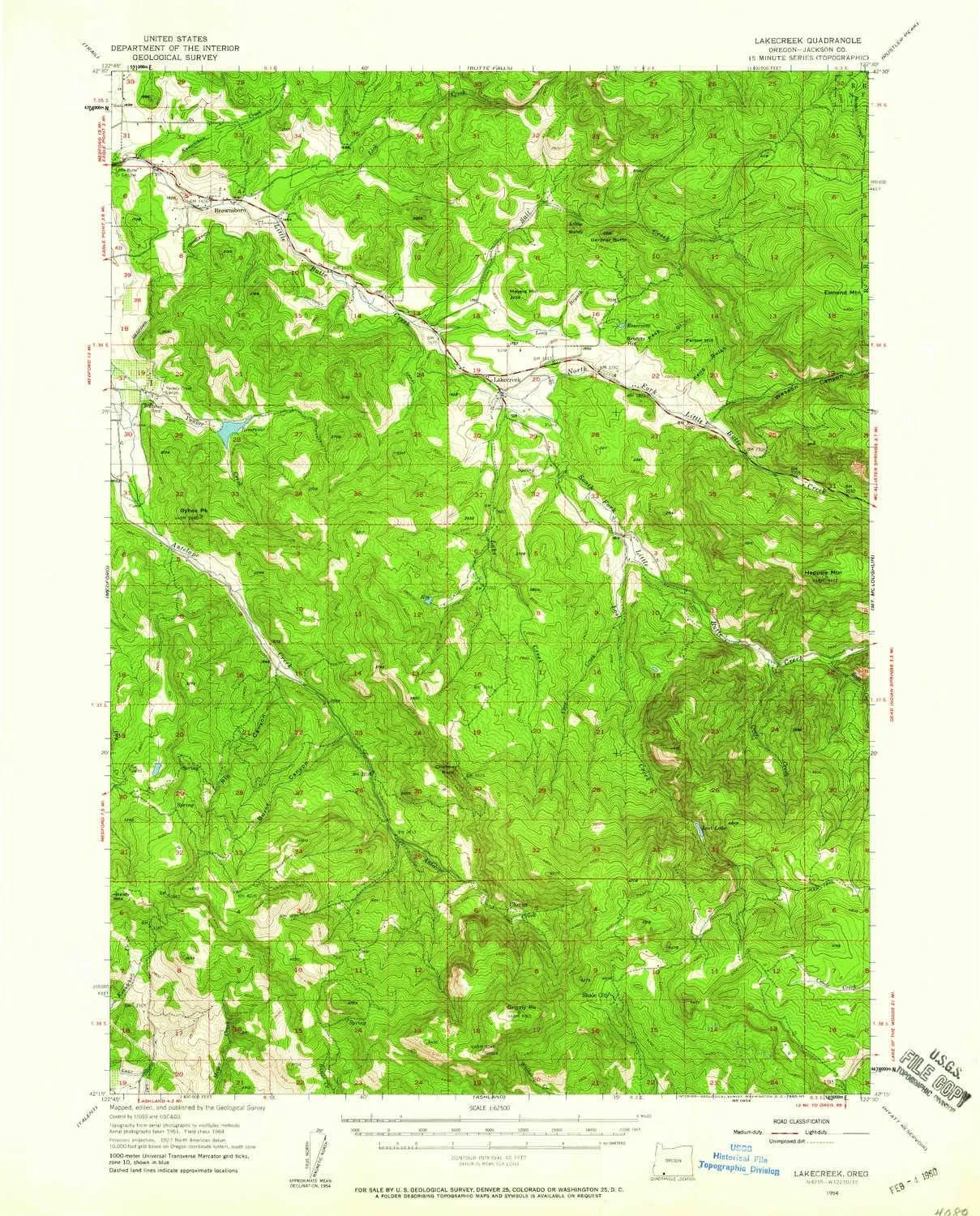 Lakecreek OR topo map, 1:62500 Scale, 15 X 15 Minute, Historical, 1954, Updated 1960, 20.8 x 16.8 in