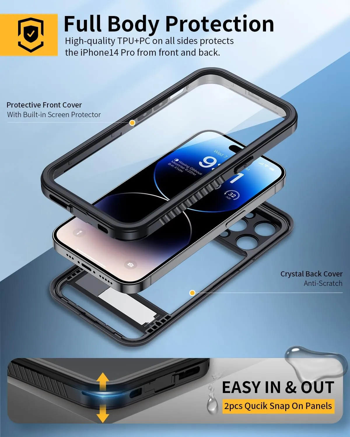 Lanhiem for iPhone 14 Pro Case with Kickstand, IP68 Waterproof Dustproof Case Built-in Screen Protector, Full Body Heavy Duty Shockproof Phone Cover for iPhone 14 Pro, 6.1 Inch (Black)