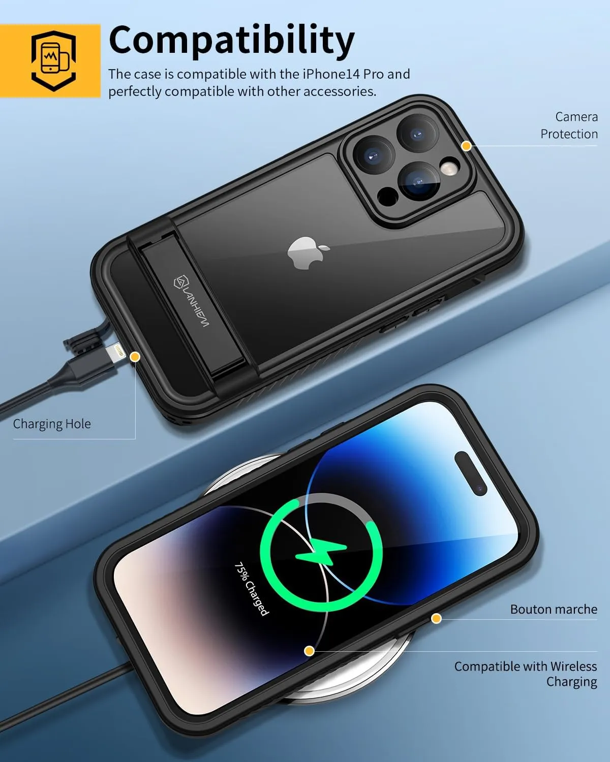 Lanhiem for iPhone 14 Pro Case with Kickstand, IP68 Waterproof Dustproof Case Built-in Screen Protector, Full Body Heavy Duty Shockproof Phone Cover for iPhone 14 Pro, 6.1 Inch (Black)