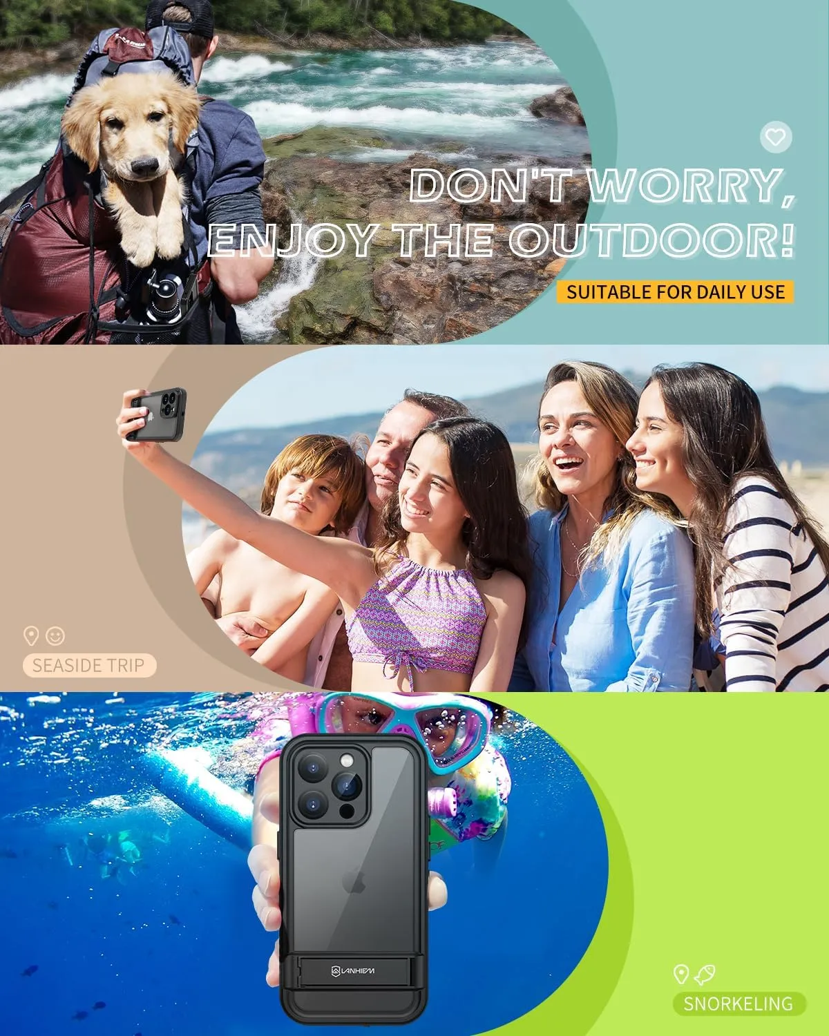 Lanhiem for iPhone 14 Pro Case with Kickstand, IP68 Waterproof Dustproof Case Built-in Screen Protector, Full Body Heavy Duty Shockproof Phone Cover for iPhone 14 Pro, 6.1 Inch (Black)
