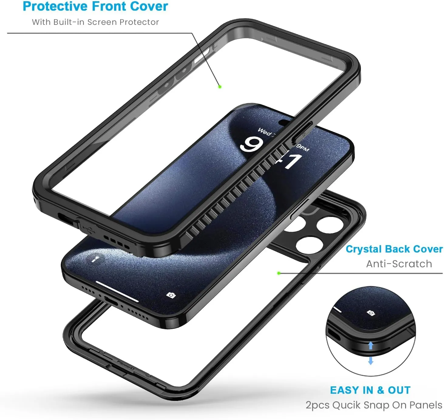 Lanhiem for iPhone 15 Pro Case, IP68 Waterproof Dustproof Shockproof Case with Built-in Screen Protector, Full Body Protective Heavy Duty Phone Case for iPhone 15 Pro - 6.1 inch (Black/Clear)