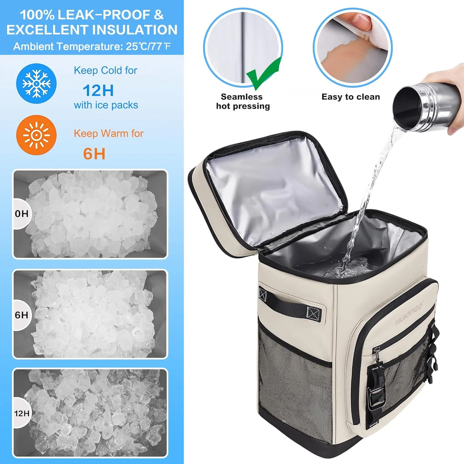 Large Waterproof Insulated Cooler Backpack for Men & Women, Leak Proof Cooler Backpack for Camping, Beach, Fishing, Picnic, Travel, Outdoor, 30L, 48Cans