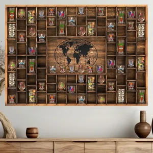 Large World Map 88 Slots Shot Glass Display Case 48 x 34'' Rustic Wood Shot Glass Holder for 7 Sizes Wineglass Bar Shelf Organizer Wall Mount Storage Shadow Cabinet Decor (Brown)