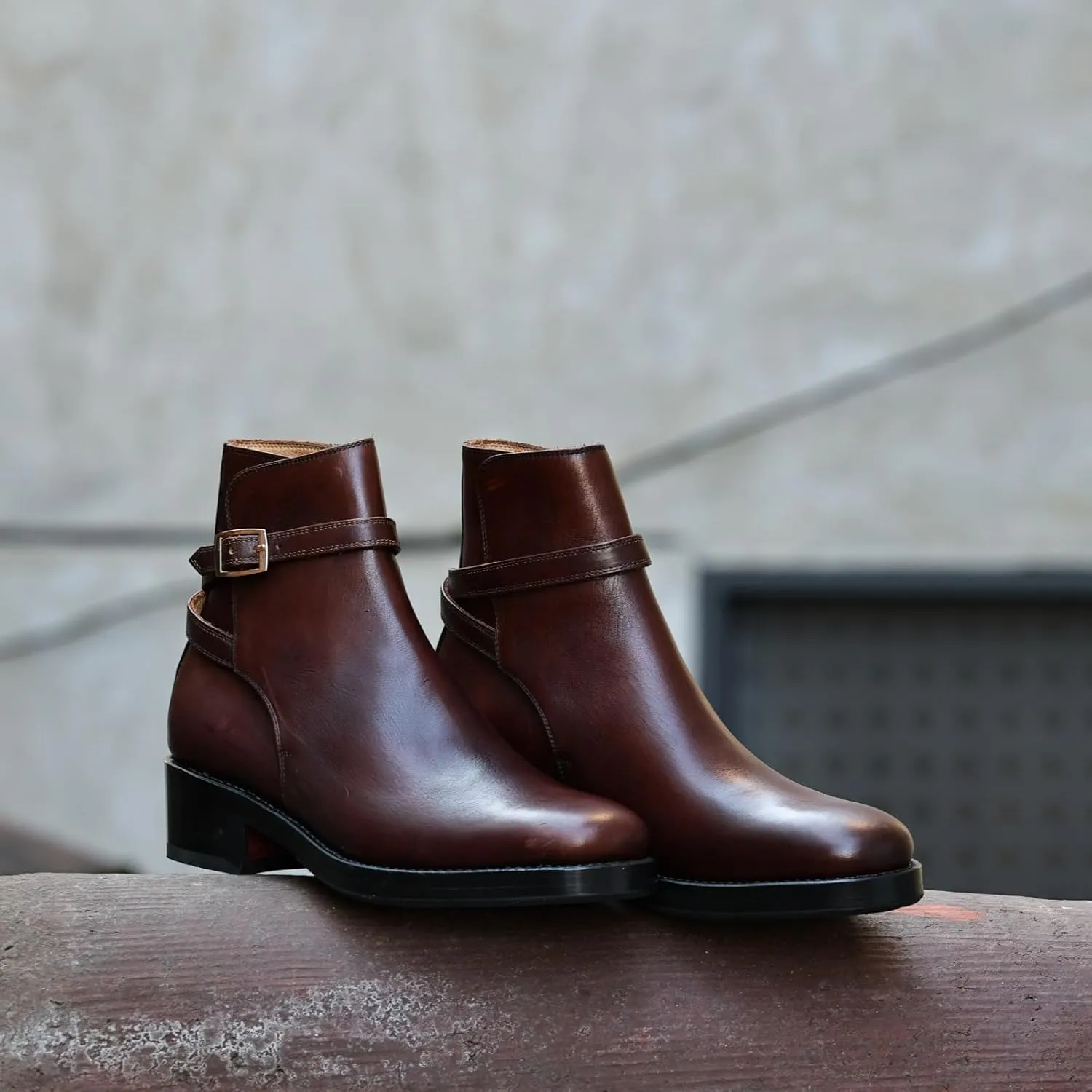 Leather Ankle Boots with Buckle Strap, Low Block Heel