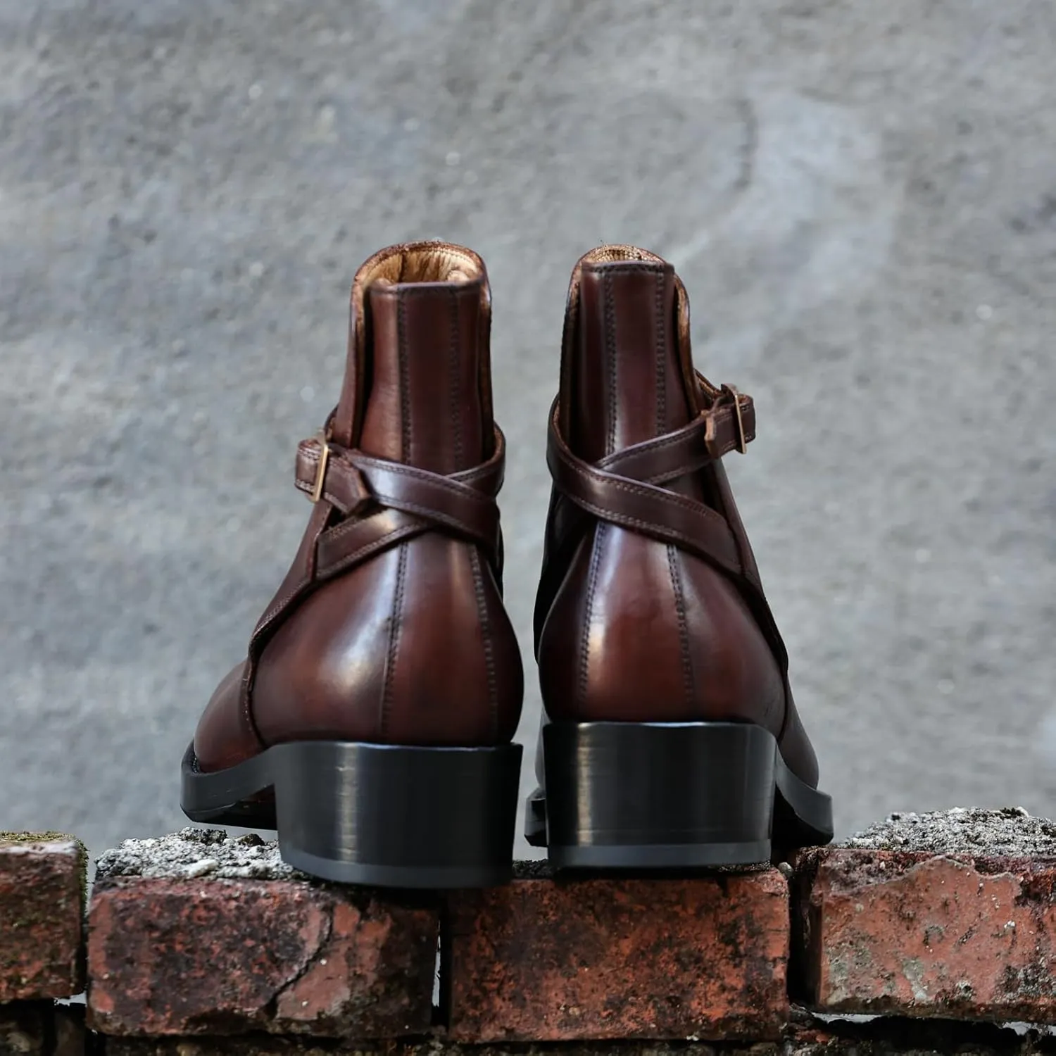 Leather Ankle Boots with Buckle Strap, Low Block Heel