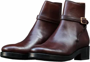 Leather Ankle Boots with Buckle Strap, Low Block Heel