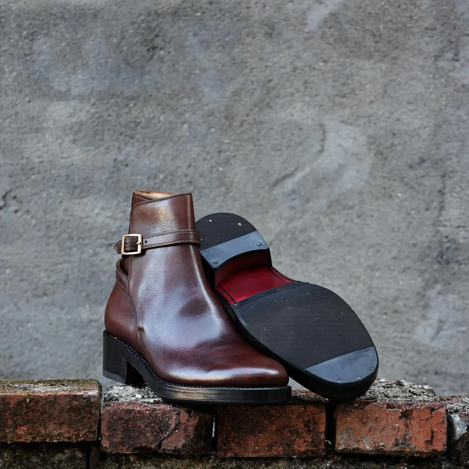 Leather Ankle Boots with Buckle Strap, Low Block Heel