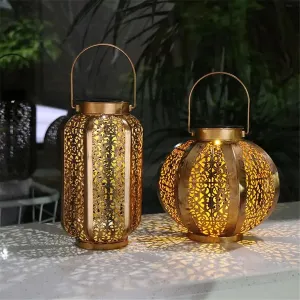 Led Solar Hanging Lantern Retro Solar Iron Art Lantern Decorative Vintage Pathway Lamp Outdoor Metal Hollow Light
