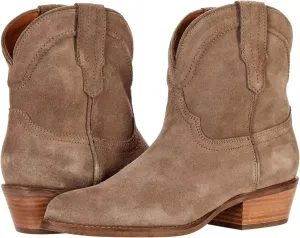 LEHOOR Women Cowboy Western Ankle Boots Pointed toe Low Stacked Heel Cowgirl Booties V Cut Retro Slouch 2 Inch Chunky Block Heel Slip On Short Dress Boots Wide Calf Comfy Suede Taupe 9 M US