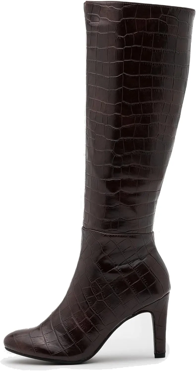 LEHOOR Women Stiletto High Heel Boots Suede Round Toe Knee High Boots with Side Zipper Croc-Effect Matte Leather 3 Inch High Heel Sexy Winter Warm Heeled Boots Size 4-13 M US