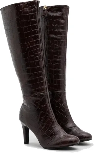 LEHOOR Women Stiletto High Heel Boots Suede Round Toe Knee High Boots with Side Zipper Croc-Effect Matte Leather 3 Inch High Heel Sexy Winter Warm Heeled Boots Size 4-13 M US