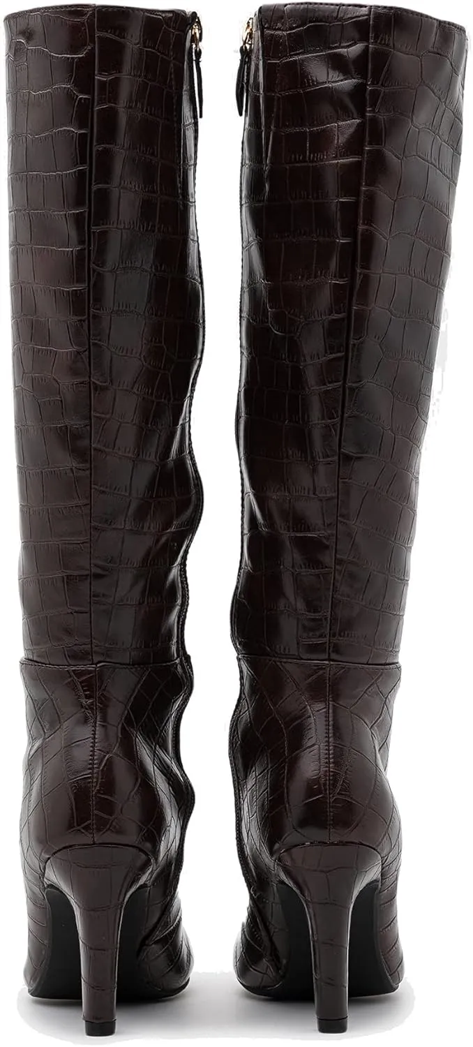 LEHOOR Women Stiletto High Heel Boots Suede Round Toe Knee High Boots with Side Zipper Croc-Effect Matte Leather 3 Inch High Heel Sexy Winter Warm Heeled Boots Size 4-13 M US