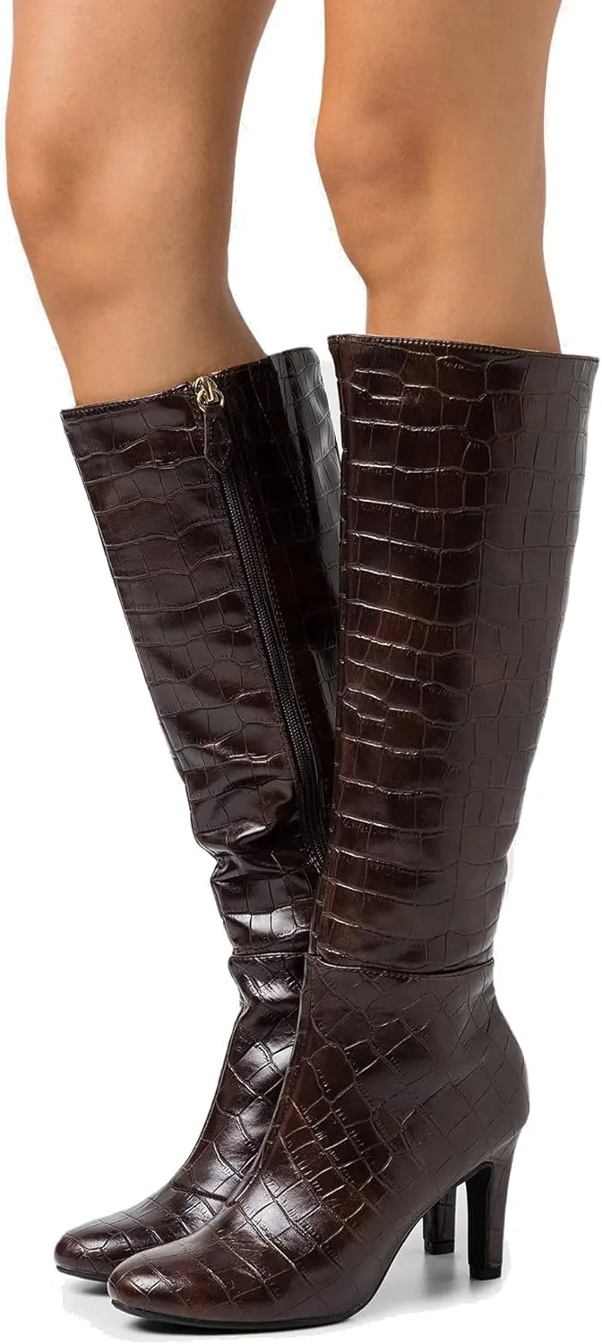 LEHOOR Women Stiletto High Heel Boots Suede Round Toe Knee High Boots with Side Zipper Croc-Effect Matte Leather 3 Inch High Heel Sexy Winter Warm Heeled Boots Size 4-13 M US