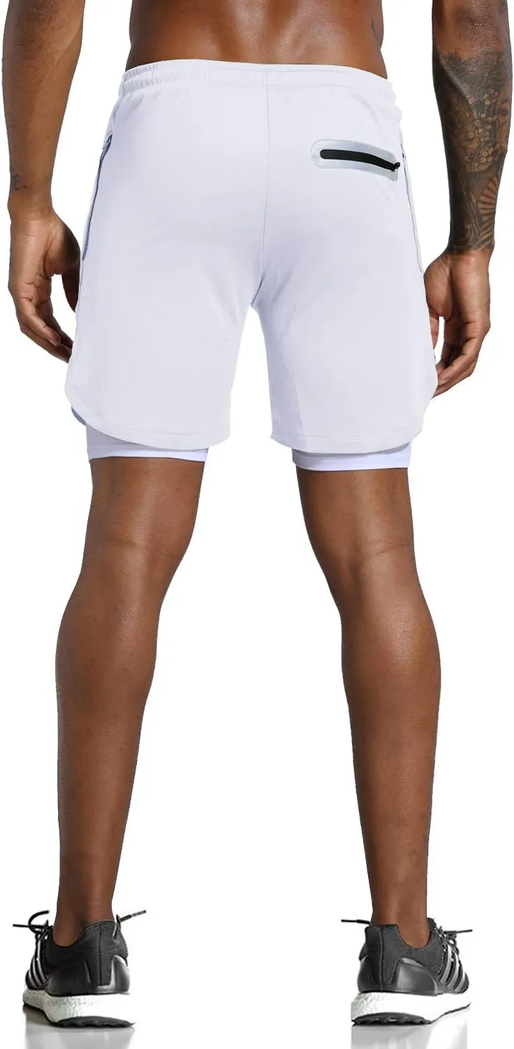 Leidowei Men's 2 in 1 Workout Running Shorts Lightweight Training Yoga Gym 7" Short with Zipper Pockets