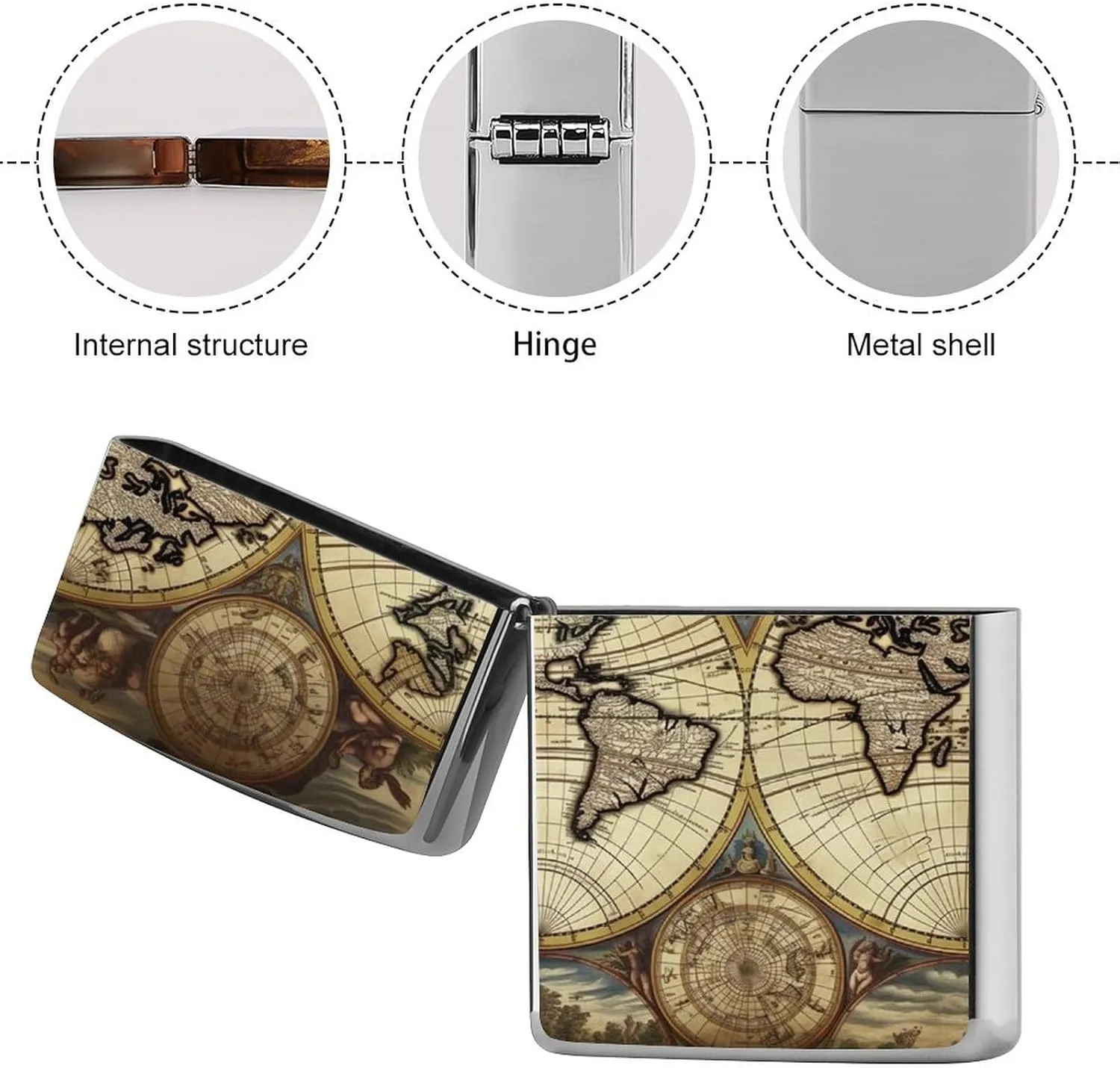Lighter Case, Ancient Map World Globe Graffiti Metal Lighter Cover, Lighters Protective Sleeve for Standard Lighters