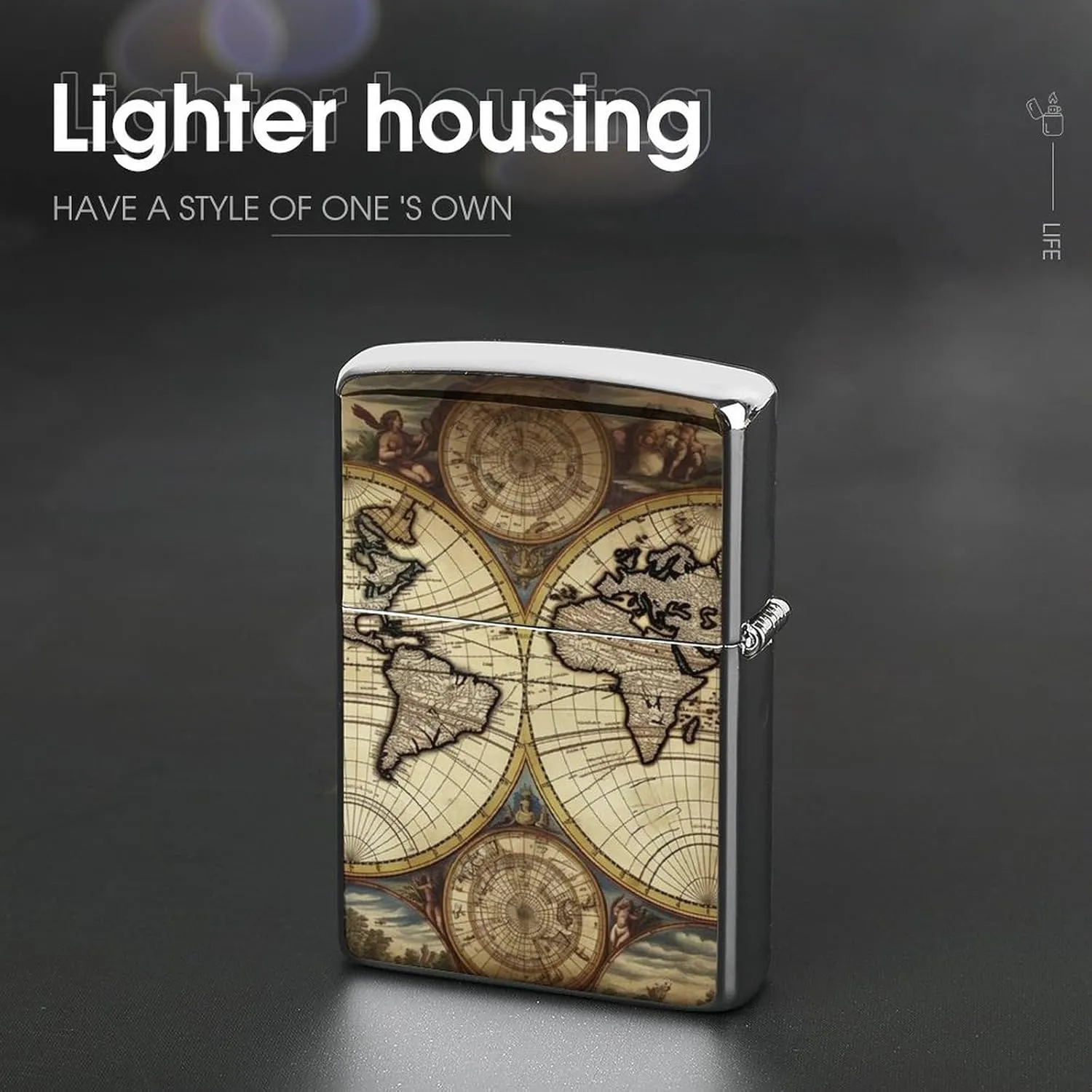 Lighter Case, Ancient Map World Globe Graffiti Metal Lighter Cover, Lighters Protective Sleeve for Standard Lighters