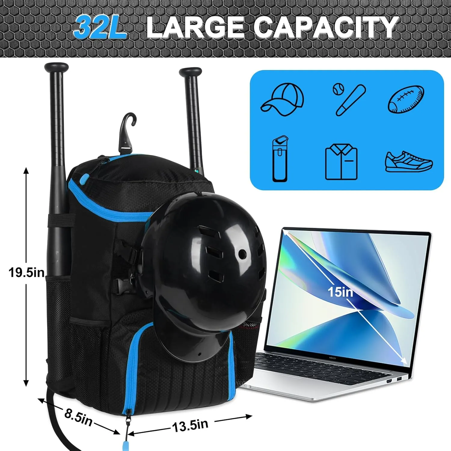 Lightweight Baseball Bat Backpack with Shoe Compartment, Softball Gift for Women with Fence Hook & Batting Glove, Helmet | Multiple Colors
