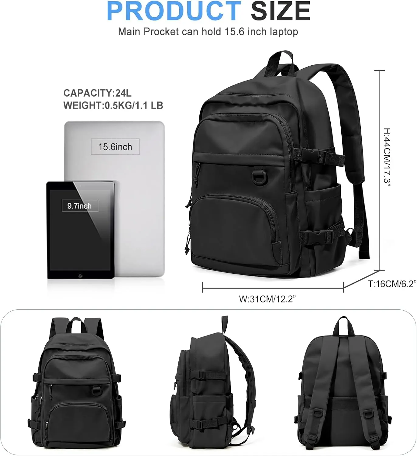 Lightweight Black College Backpack for Women Men Cute School Bag for Teens Girls Boys High School Backpack for Students Waterproof Casual Daypack Backpack