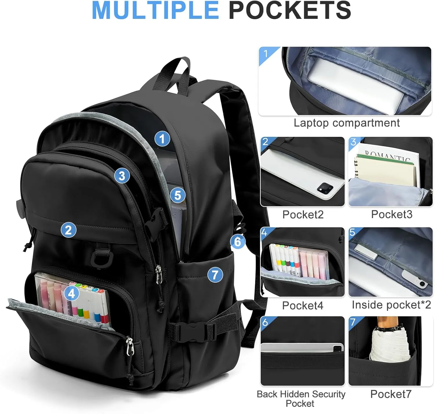 Lightweight Black College Backpack for Women Men Cute School Bag for Teens Girls Boys High School Backpack for Students Waterproof Casual Daypack Backpack