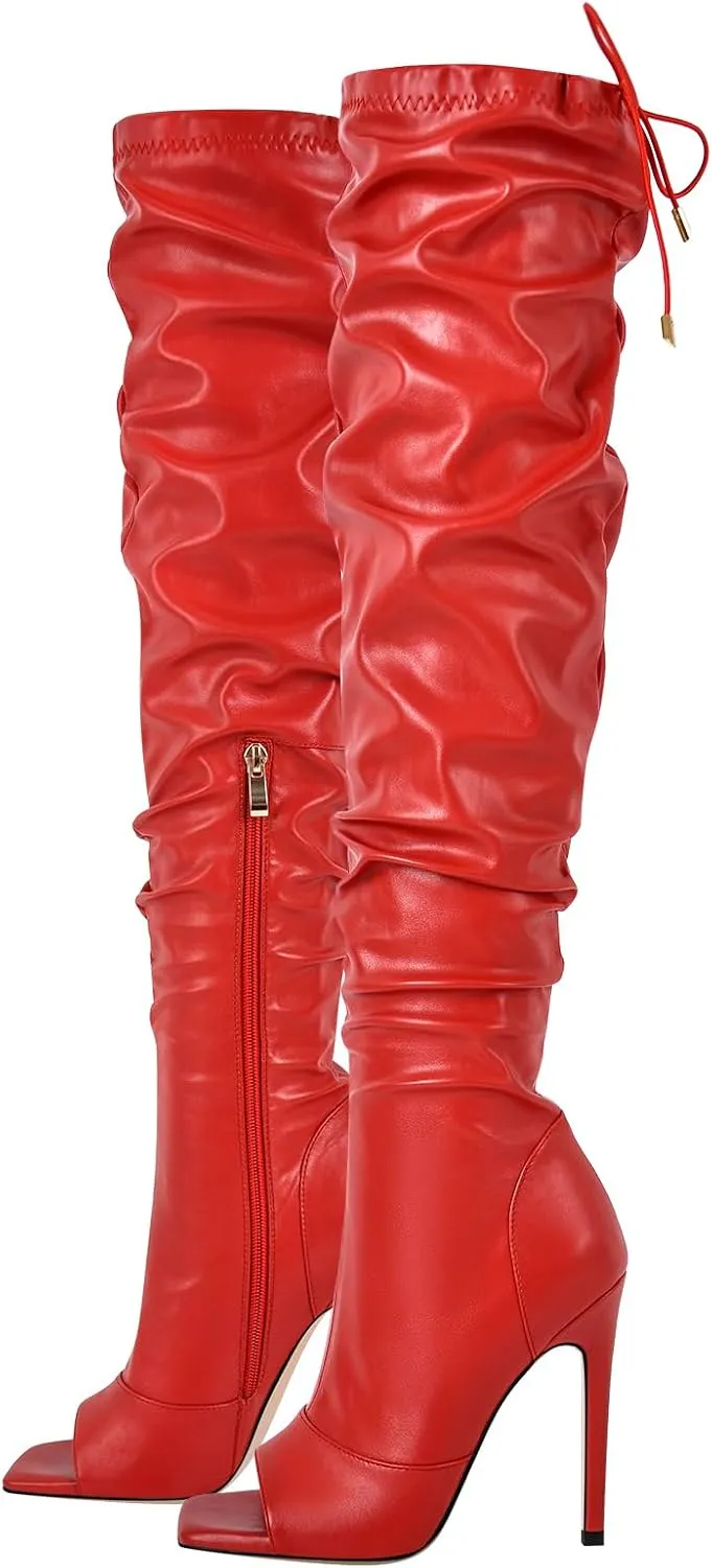 LISHAN Women's Stiletto Heel Zipper Knee/Thigh High Boots Peep/Close Toe Pull on Long Boots