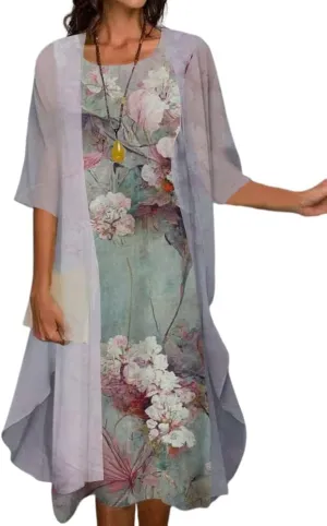 LOAIHA Women Floral Print Dress with Jacket Two Piece Set Crewneck Sleeveless Wedding Guest Summer Flowy Midi Dress