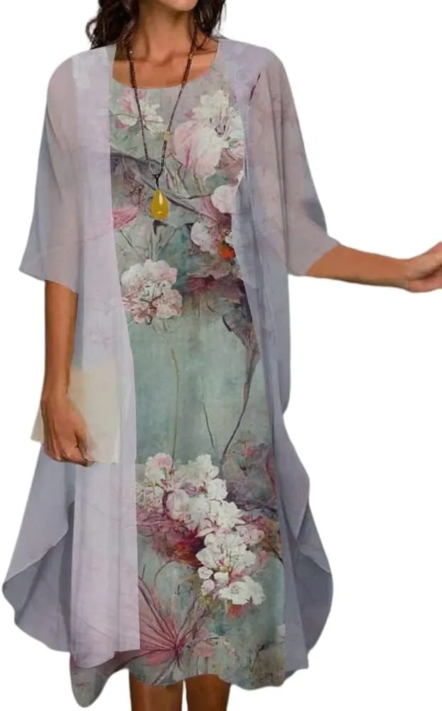 LOAIHA Women Floral Print Dress with Jacket Two Piece Set Crewneck Sleeveless Wedding Guest Summer Flowy Midi Dress