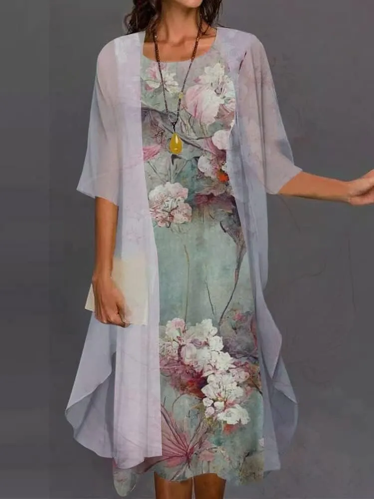 LOAIHA Women Floral Print Dress with Jacket Two Piece Set Crewneck Sleeveless Wedding Guest Summer Flowy Midi Dress