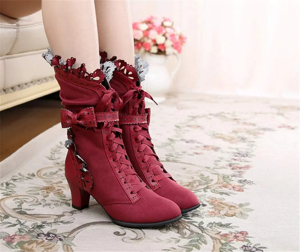 Lorie & Knight Women's Faux Suede Lace Up Wedding Victorian Inspired Mid-Calf Boots