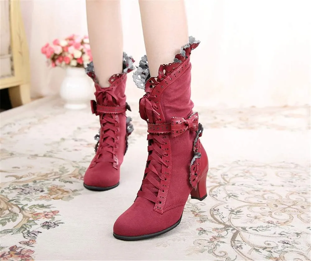 Lorie & Knight Women's Faux Suede Lace Up Wedding Victorian Inspired Mid-Calf Boots